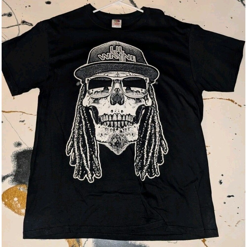 Vintage Lil Wayne Skull Dreads Black - T-Shirt Adult Size L Seamless